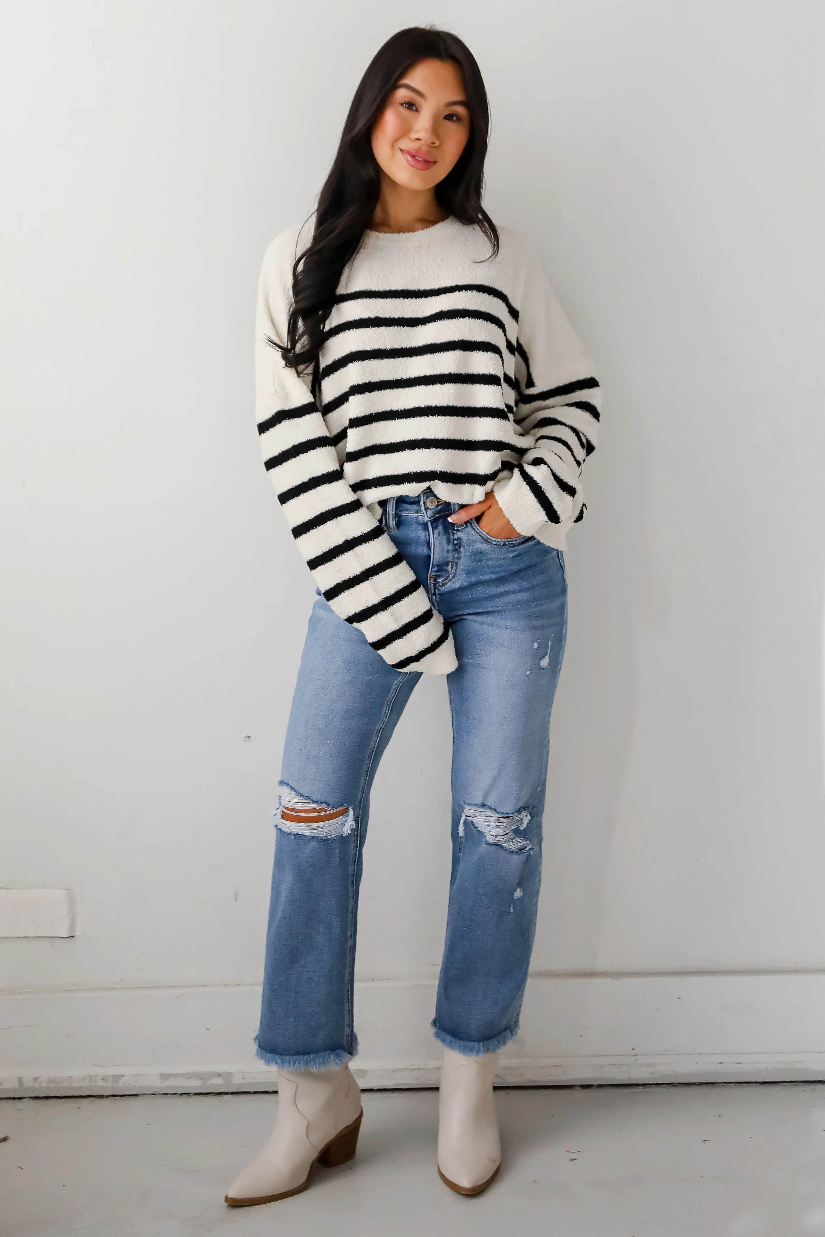 FINAL SALE - Delightful Weather Cream Striped Fuzzy Knit Sweater