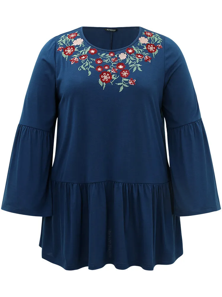 Floral Embroidered Bell Sleeve Crew Neck T-shirt