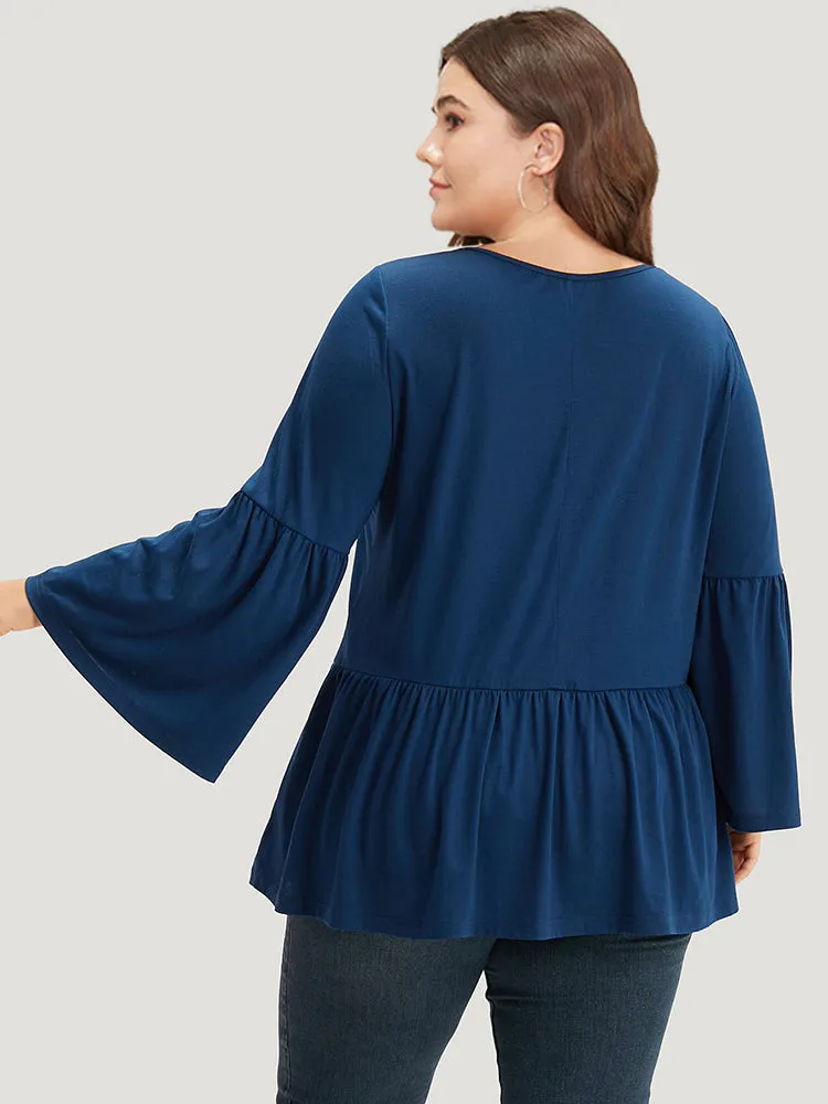 Floral Embroidered Bell Sleeve Crew Neck T-shirt