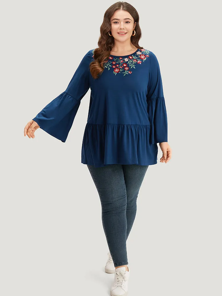 Floral Embroidered Bell Sleeve Crew Neck T-shirt