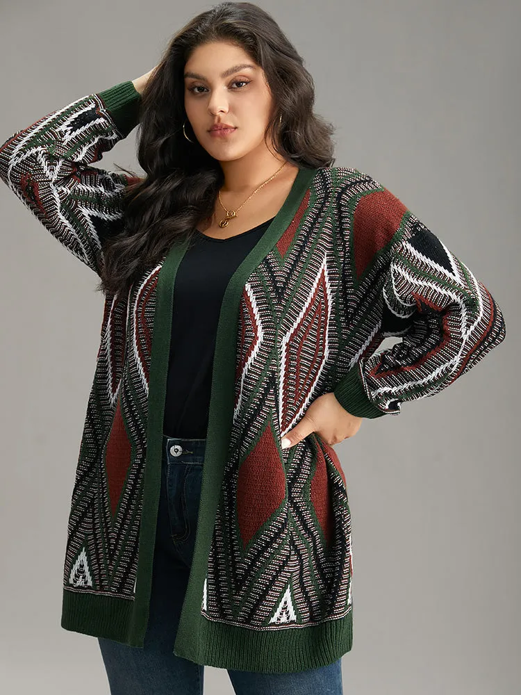 Geometric Contrast Open Front Cardigan