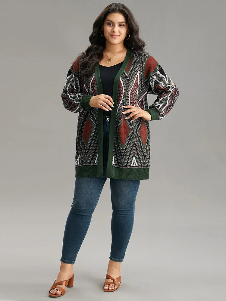 Geometric Contrast Open Front Cardigan