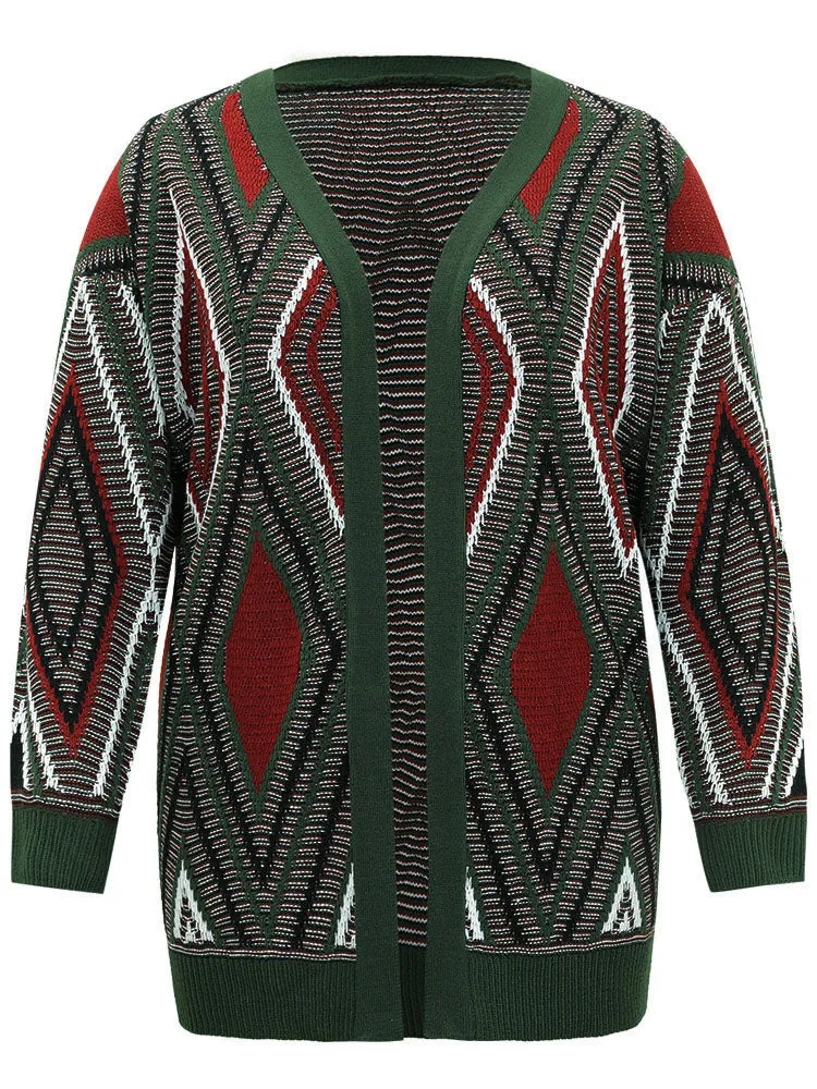 Geometric Contrast Open Front Cardigan