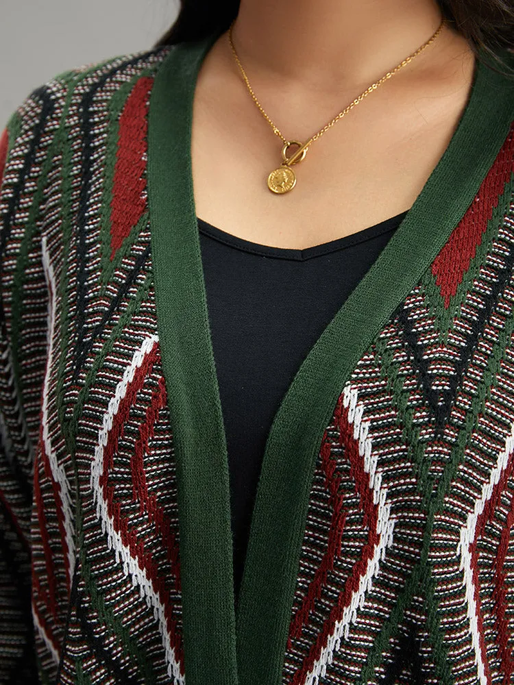 Geometric Contrast Open Front Cardigan