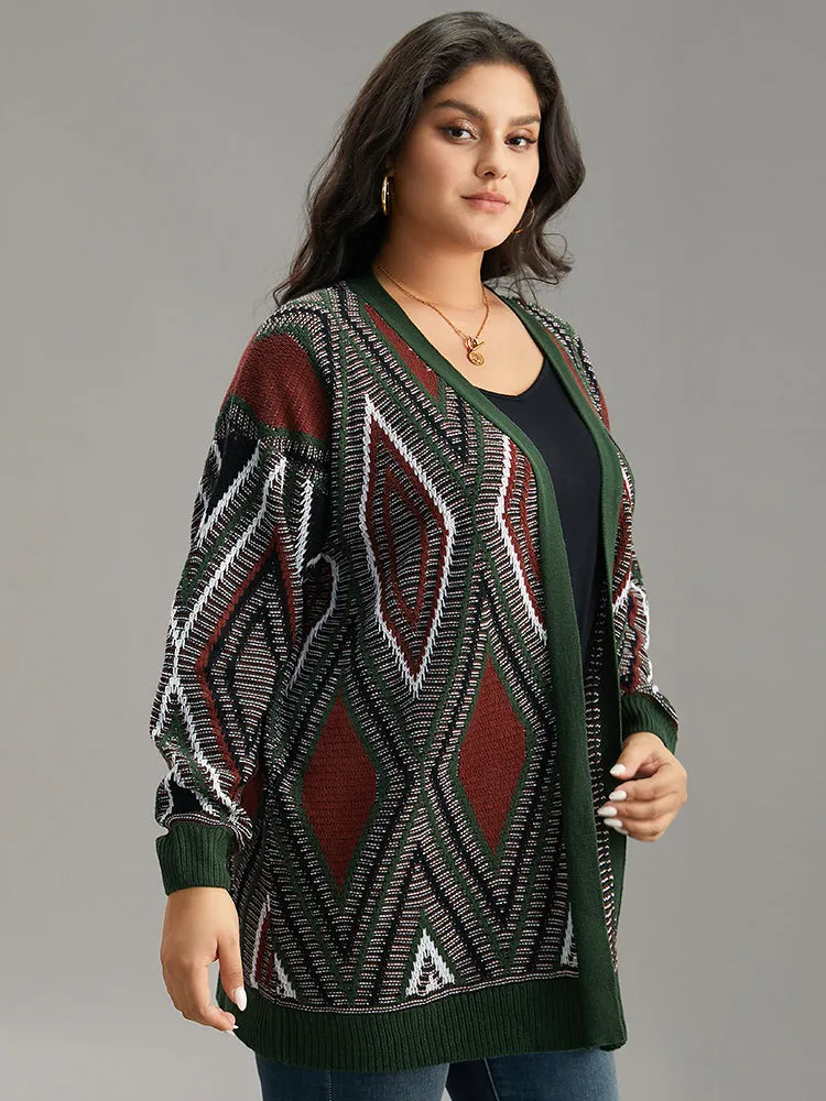 Geometric Contrast Open Front Cardigan