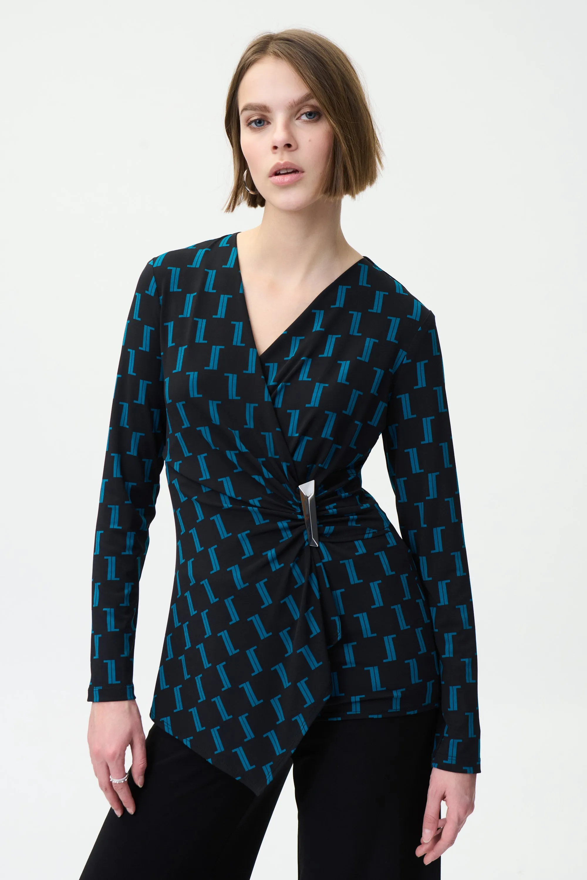 Geometric Print Silky Knit Wrap Top