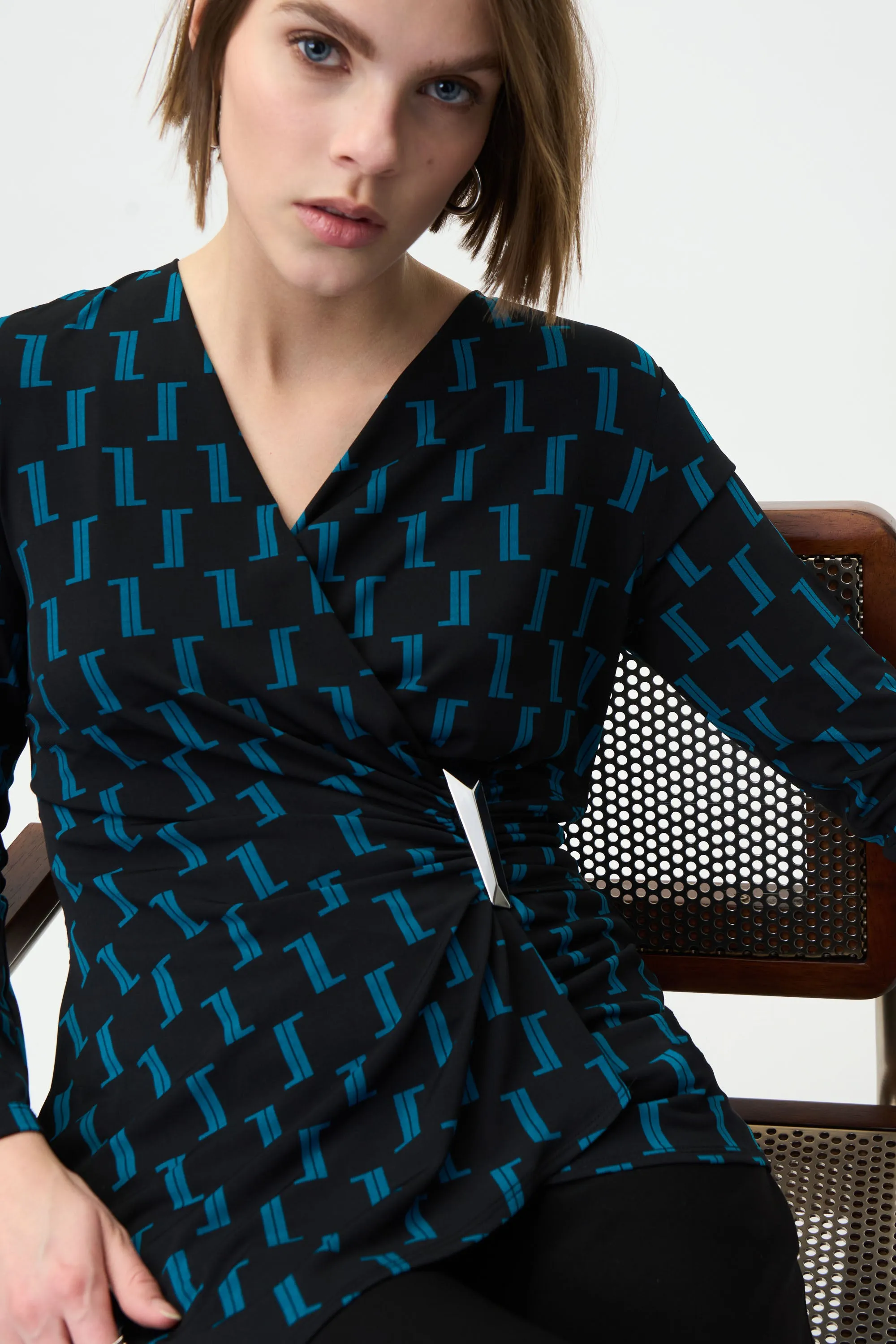 Geometric Print Silky Knit Wrap Top