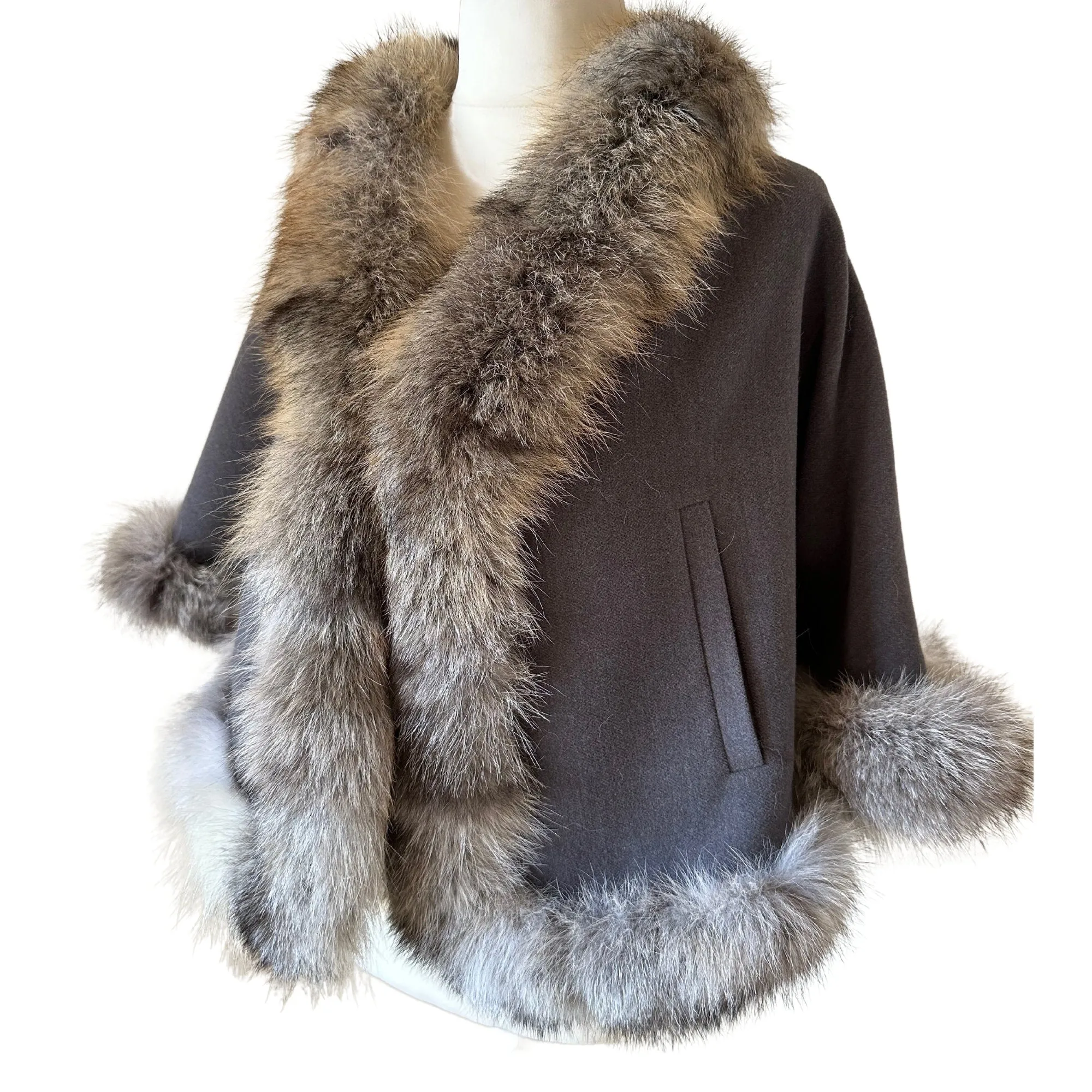 Grey Women Coat Cape Trim Fox Fur, Women's Poncho Jacket lined, Elegant Women's coat