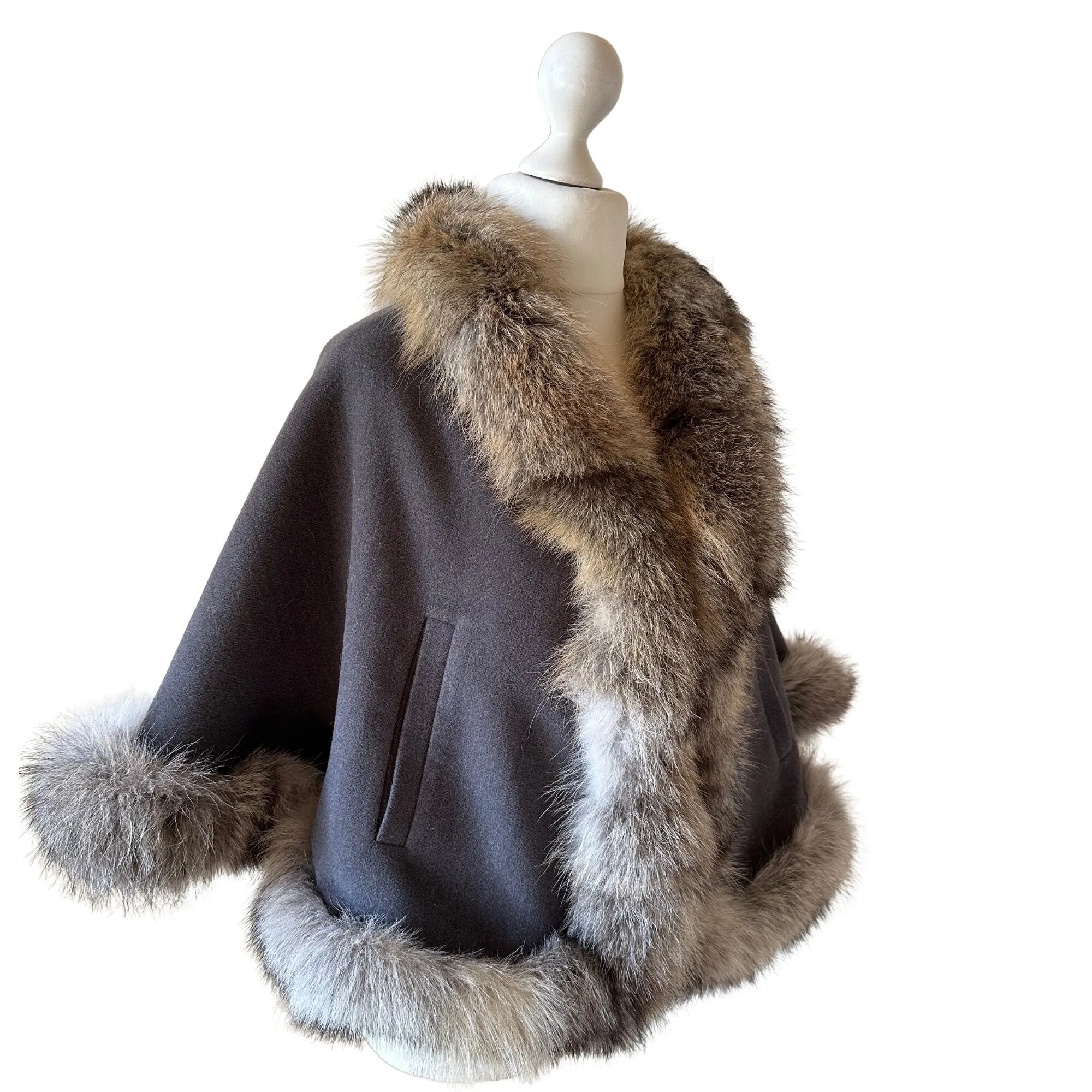 Grey Women Coat Cape Trim Fox Fur, Women's Poncho Jacket lined, Elegant Women's coat