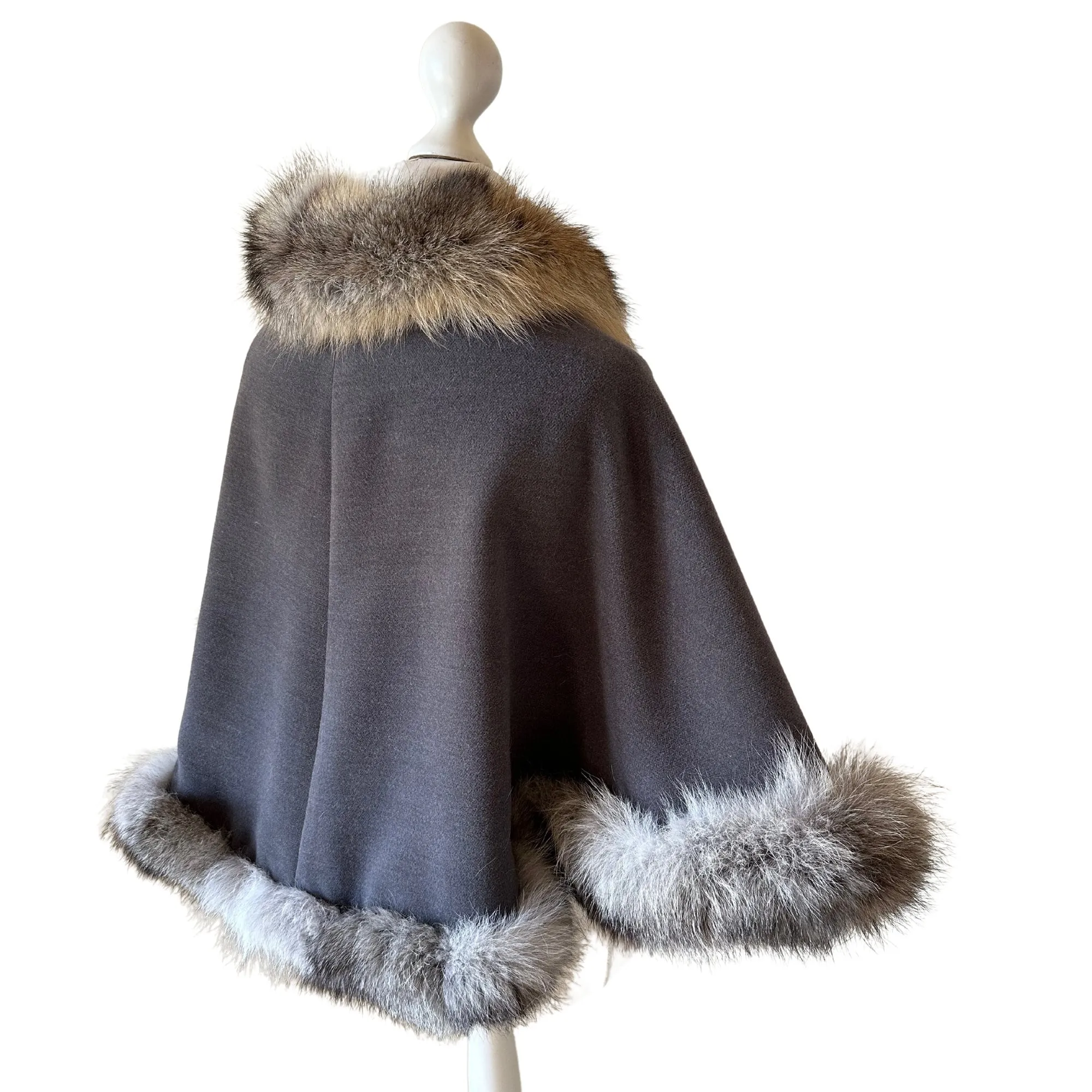 Grey Women Coat Cape Trim Fox Fur, Women's Poncho Jacket lined, Elegant Women's coat