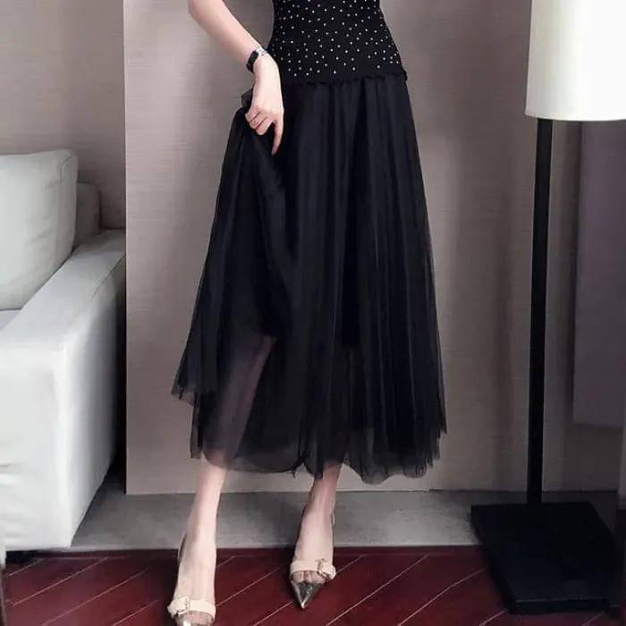 High Waist Plain Accordion Pleated Mesh Maxi