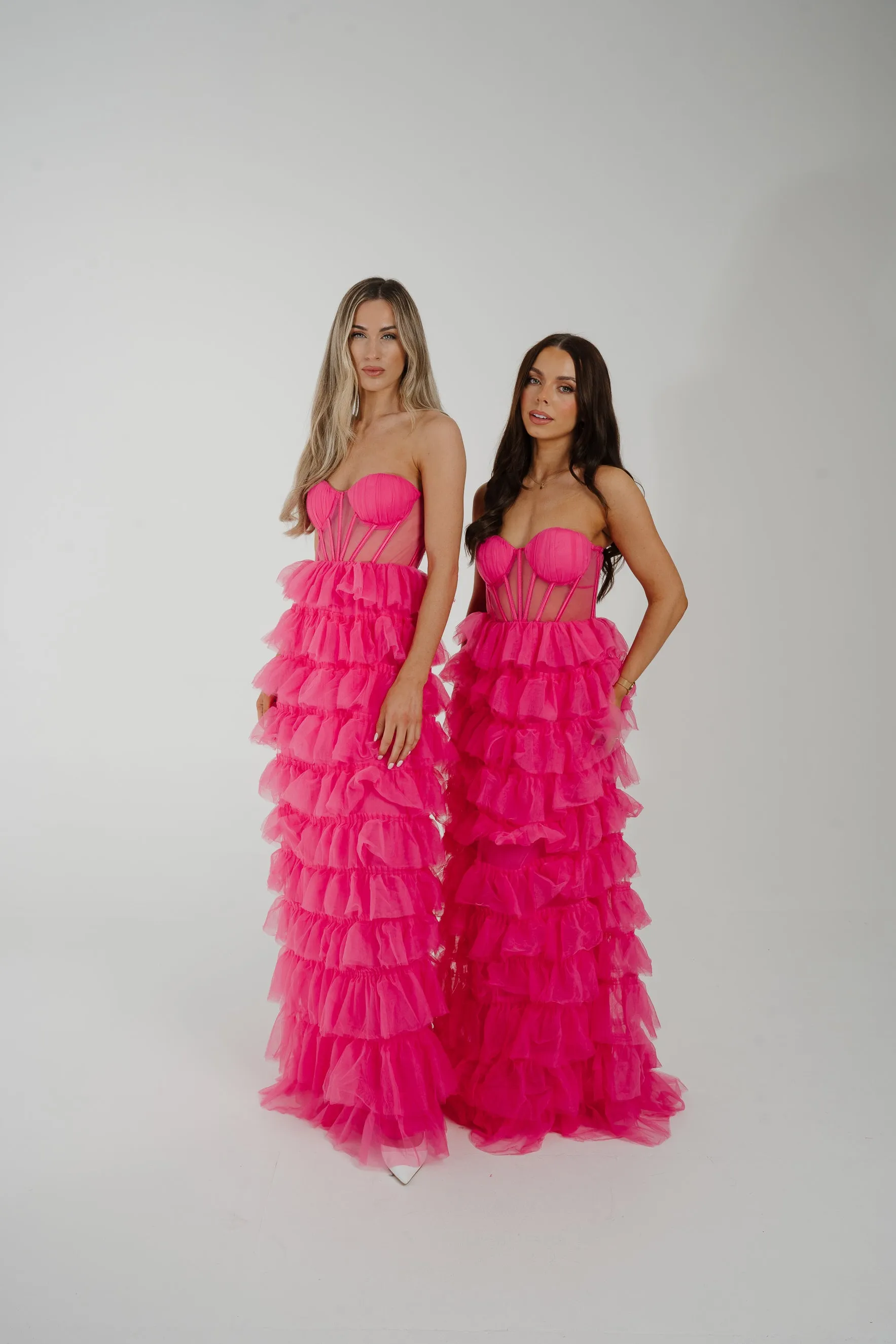 Holly Strapless Tulle Maxi Dress In Fuchsia