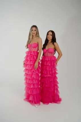 Holly Strapless Tulle Maxi Dress In Fuchsia