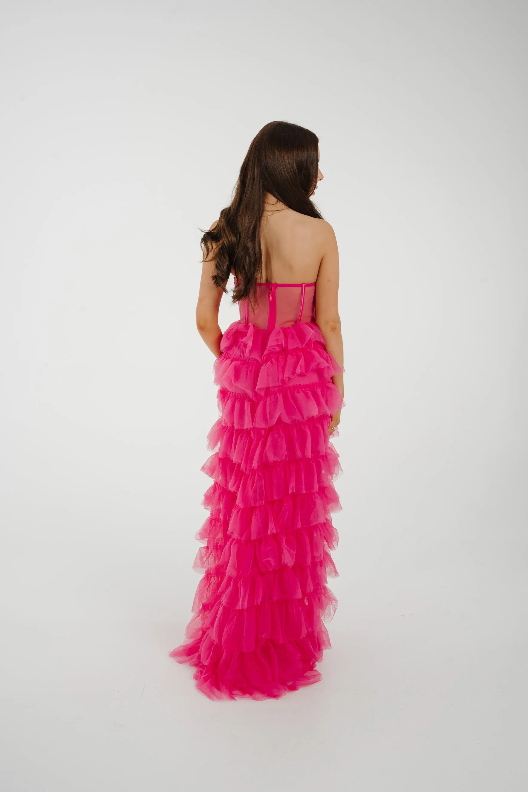 Holly Strapless Tulle Maxi Dress In Fuchsia