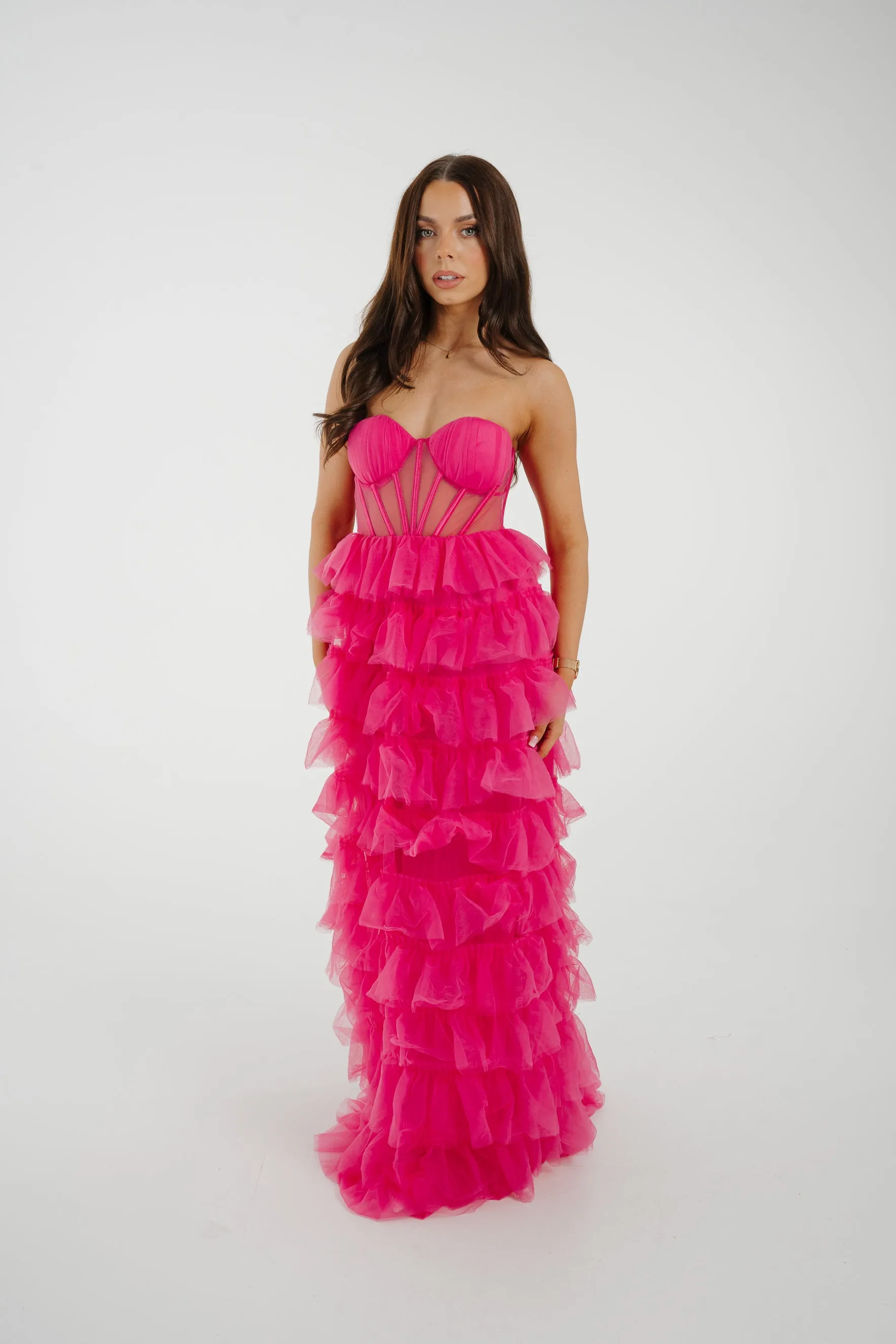 Holly Strapless Tulle Maxi Dress In Fuchsia