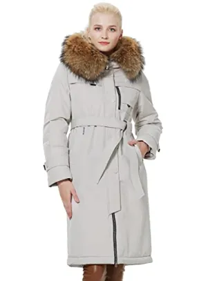 ICEbear Women's Down Jacket Winter Long Coat Windproof Puffer Jacket with Fur Hood, White, X-Small