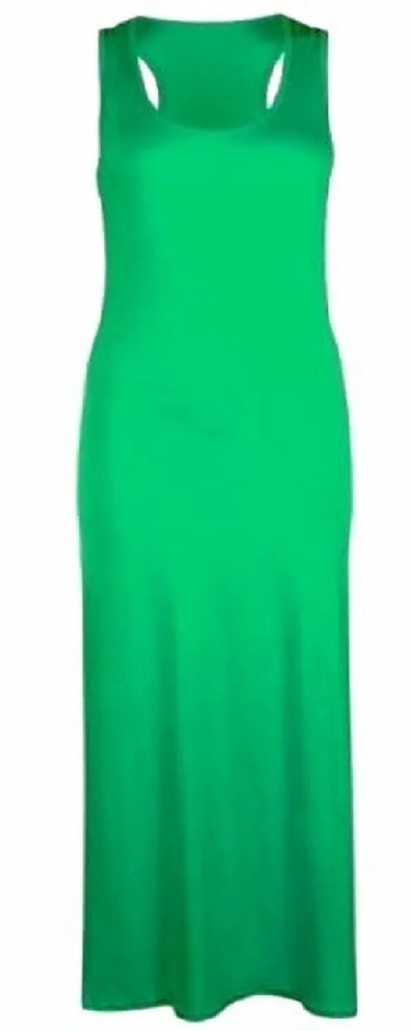 Ladies Green Plain Maxi Muscle Jersey Racer Back Dress
