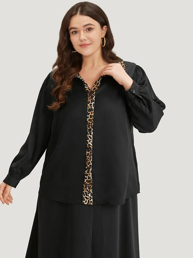 Leopard Print Patchwork Shirt Collar Woven Top