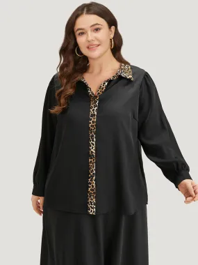 Leopard Print Patchwork Shirt Collar Woven Top