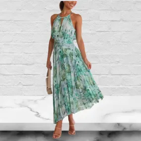 Light Cyan Floral Printed Cutout Neck Pleated Maxi Dress