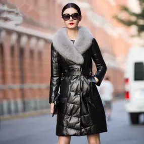 Luxury Genuine Sheepskin Leather Suede Down Parkas Coat Jacket Fox Fur Collar Autumn Winter Women Slim Outerwear Coats