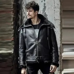 Men's Black Double Collar B3 Flight Airforce Shearling Aviator Jacket