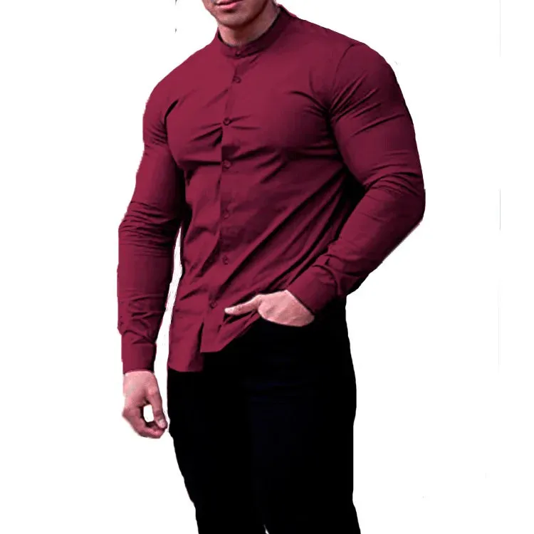 Men's Slim Fit Micro-elastic Long Sleeve Comfortable Versatile Stand Collar Tops Men Dress Shirt