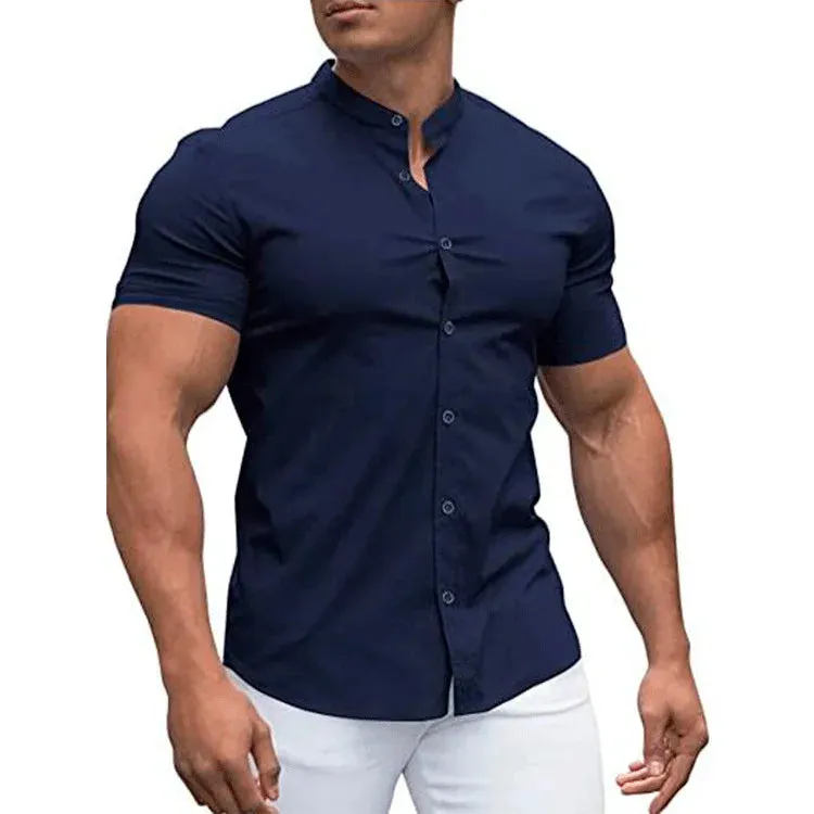 Men's Slim Fit Micro-elastic Long Sleeve Comfortable Versatile Stand Collar Tops Men Dress Shirt