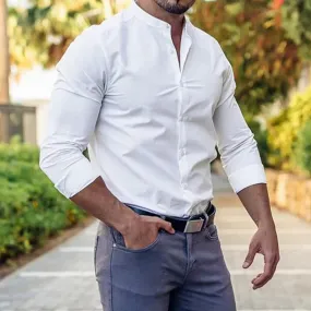 Men's Slim Fit Micro-elastic Long Sleeve Comfortable Versatile Stand Collar Tops Men Dress Shirt