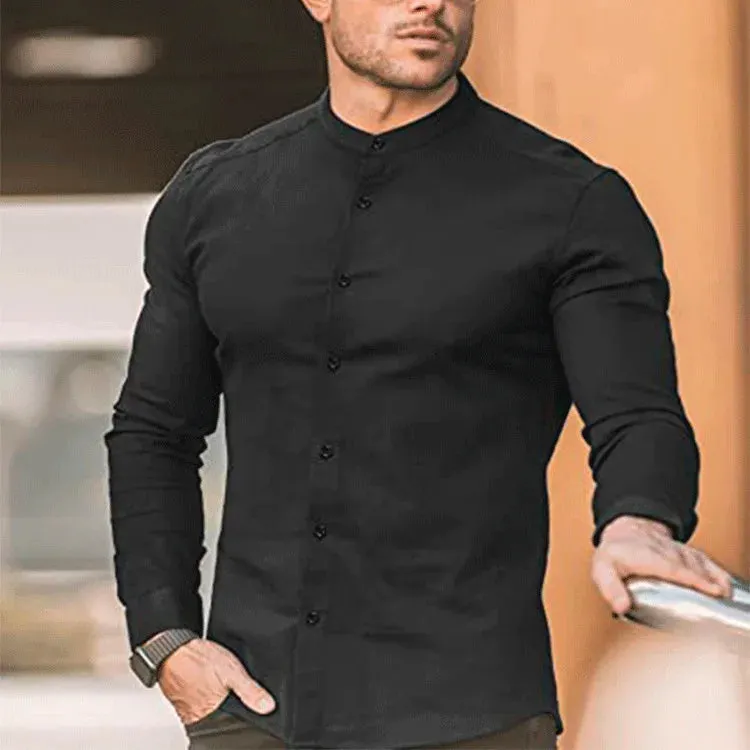 Men's Slim Fit Micro-elastic Long Sleeve Comfortable Versatile Stand Collar Tops Men Dress Shirt