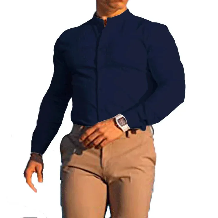 Men's Slim Fit Micro-elastic Long Sleeve Comfortable Versatile Stand Collar Tops Men Dress Shirt