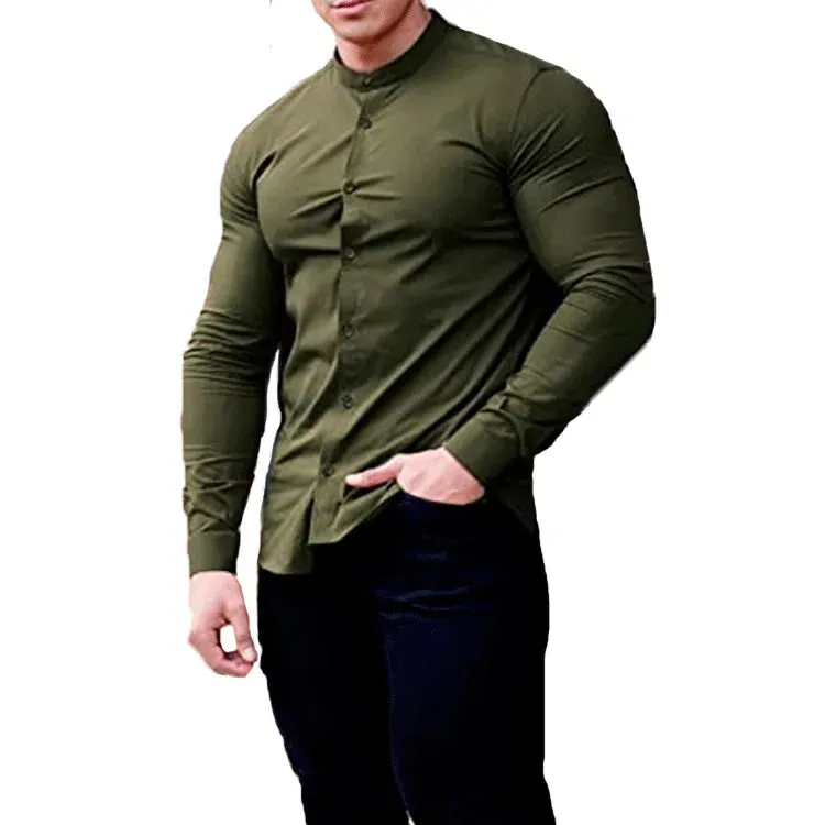 Men's Slim Fit Micro-elastic Long Sleeve Comfortable Versatile Stand Collar Tops Men Dress Shirt