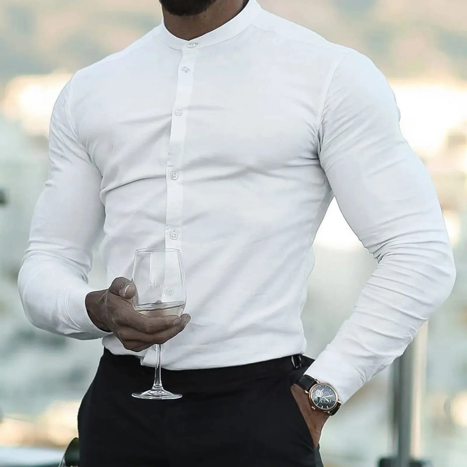 Men's Slim Fit Micro-elastic Long Sleeve Comfortable Versatile Stand Collar Tops Men Dress Shirt