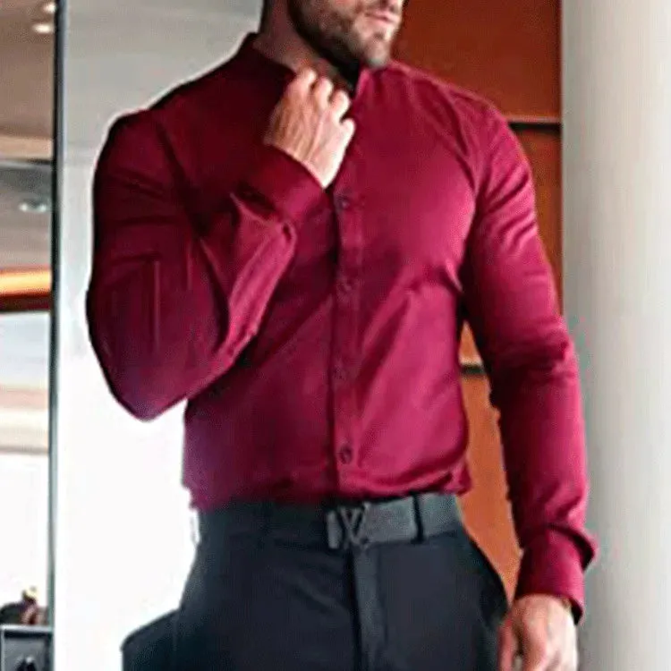 Men's Slim Fit Micro-elastic Long Sleeve Comfortable Versatile Stand Collar Tops Men Dress Shirt