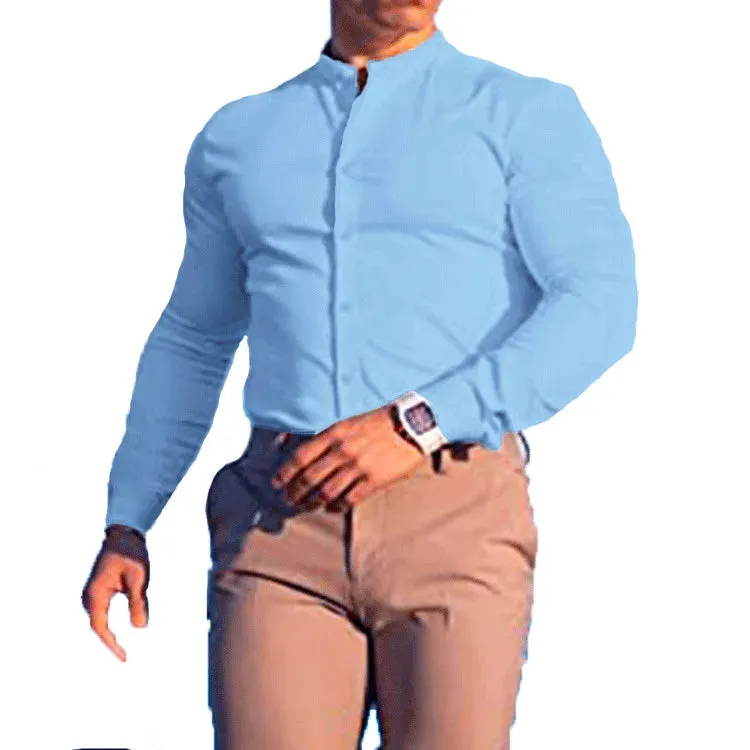 Men's Slim Fit Micro-elastic Long Sleeve Comfortable Versatile Stand Collar Tops Men Dress Shirt