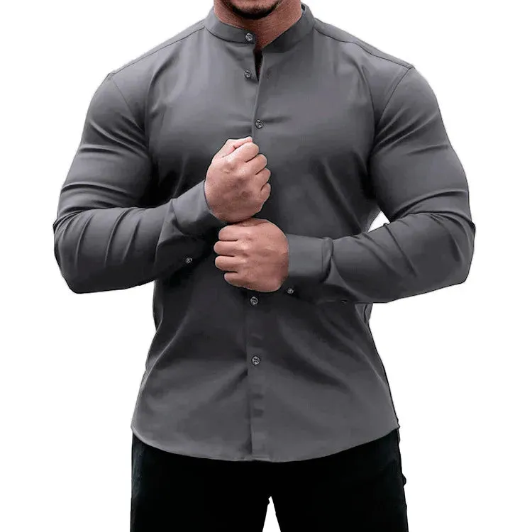 Men's Slim Fit Micro-elastic Long Sleeve Comfortable Versatile Stand Collar Tops Men Dress Shirt