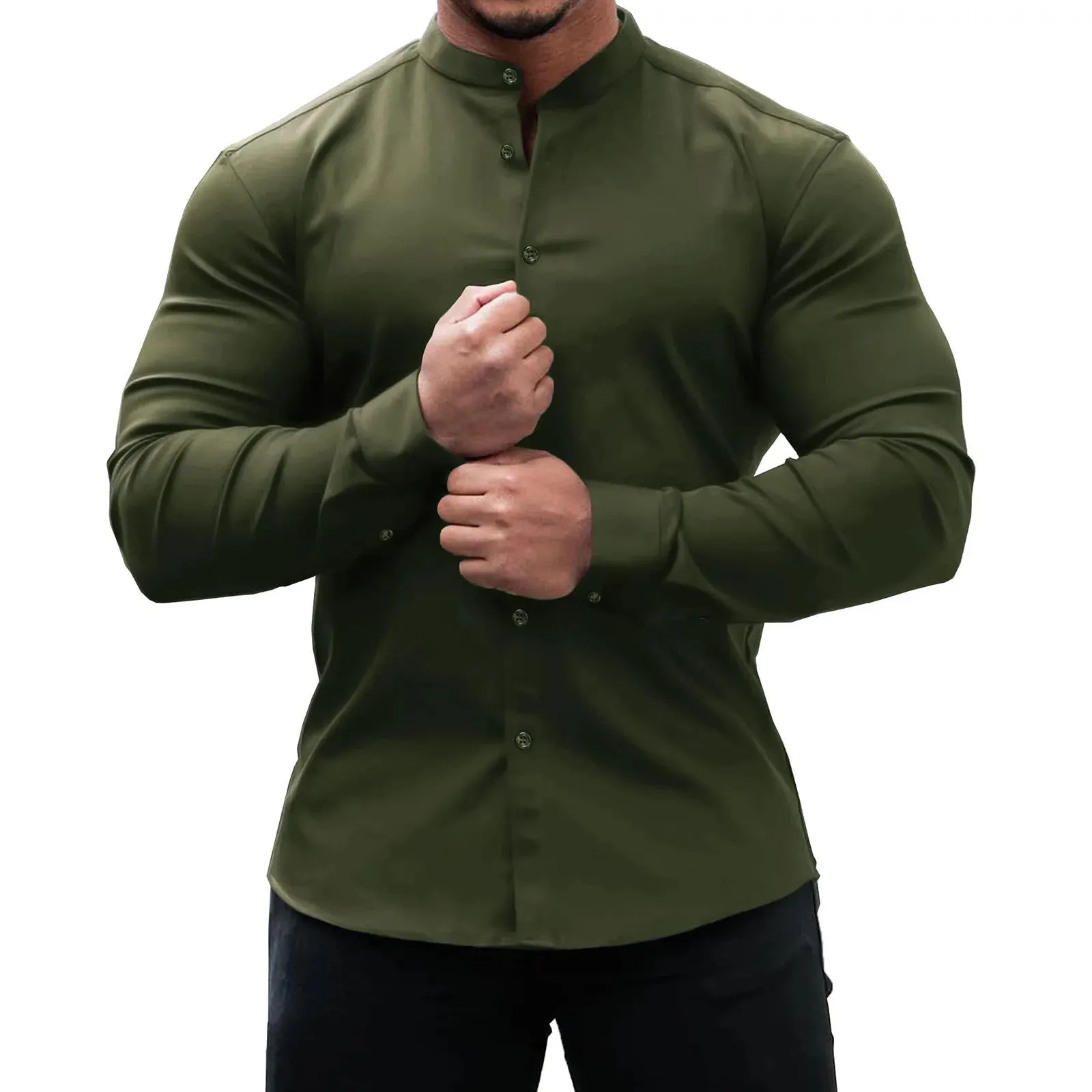 Men's Slim Fit Micro-elastic Long Sleeve Comfortable Versatile Stand Collar Tops Men Dress Shirt