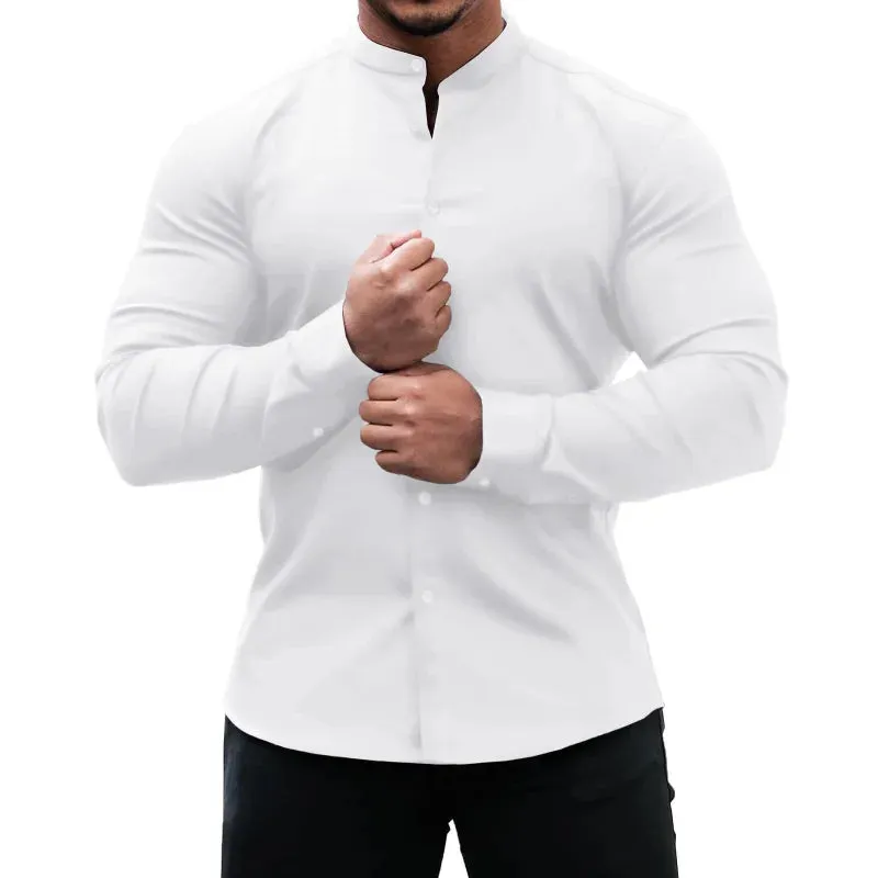 Men's Slim Fit Micro-elastic Long Sleeve Comfortable Versatile Stand Collar Tops Men Dress Shirt