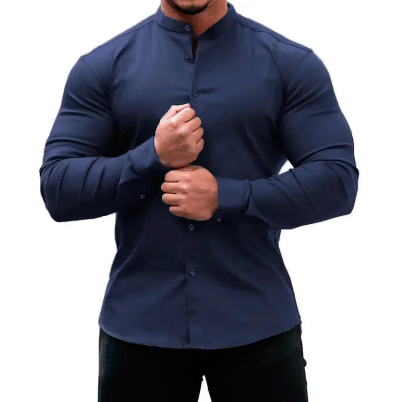 Men's Slim Fit Micro-elastic Long Sleeve Comfortable Versatile Stand Collar Tops Men Dress Shirt