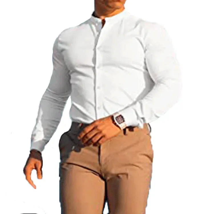 Men's Slim Fit Micro-elastic Long Sleeve Comfortable Versatile Stand Collar Tops Men Dress Shirt