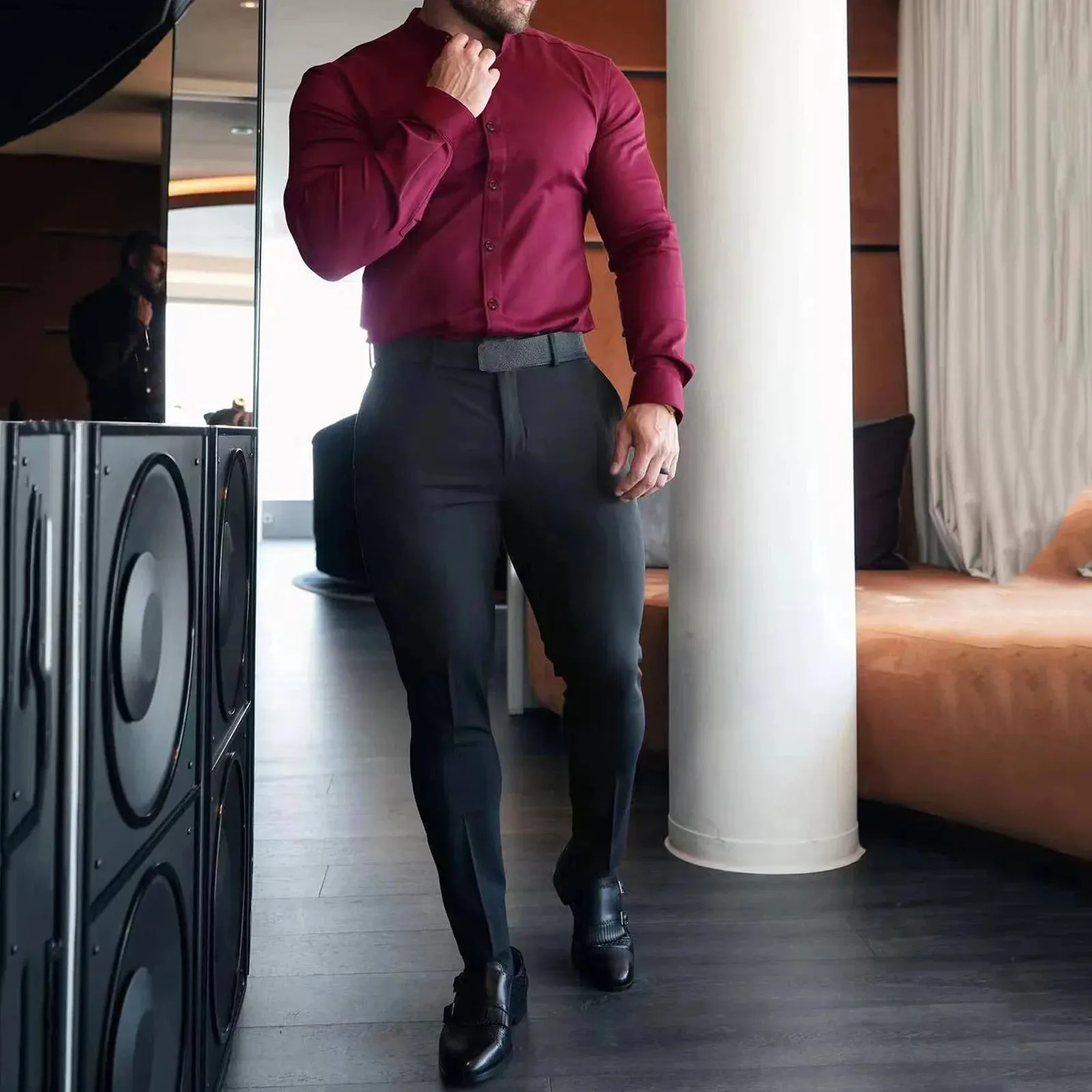 Men's Slim Fit Micro-elastic Long Sleeve Comfortable Versatile Stand Collar Tops Men Dress Shirt