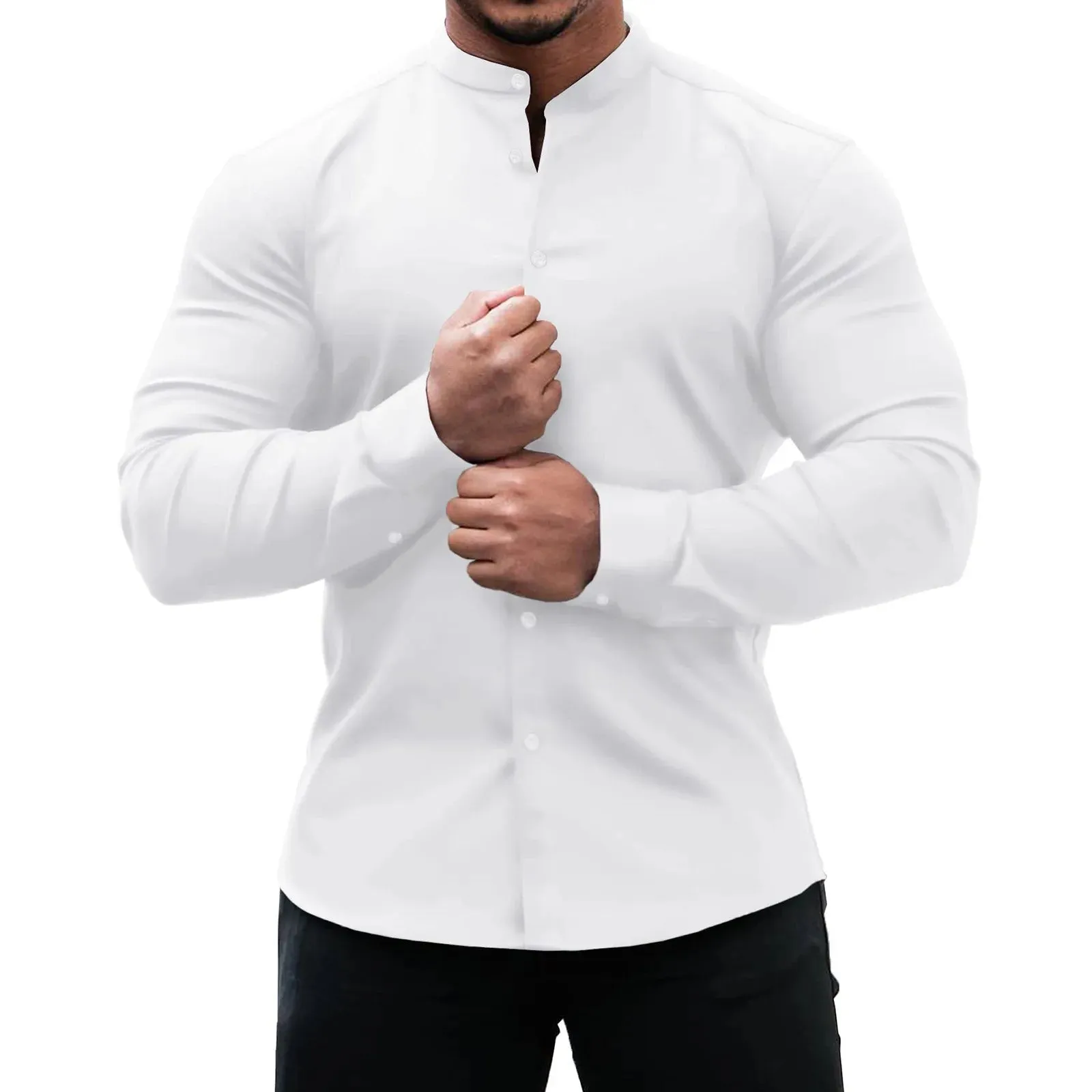Men's Slim Fit Micro-elastic Long Sleeve Comfortable Versatile Stand Collar Tops Men Dress Shirt