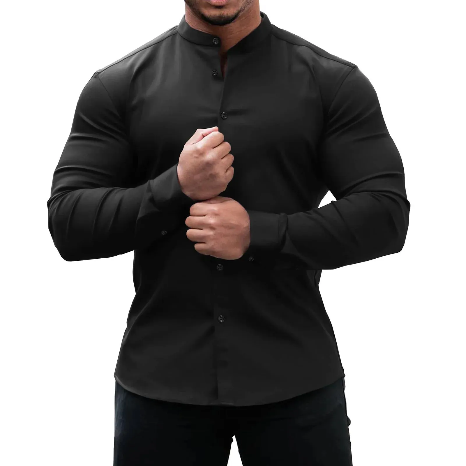 Men's Slim Fit Micro-elastic Long Sleeve Comfortable Versatile Stand Collar Tops Men Dress Shirt