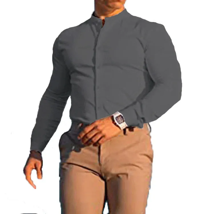 Men's Slim Fit Micro-elastic Long Sleeve Comfortable Versatile Stand Collar Tops Men Dress Shirt