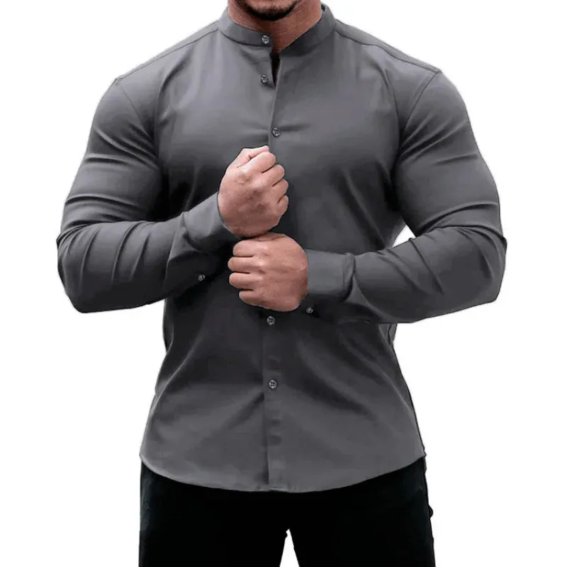 Men's Slim Fit Micro-elastic Long Sleeve Comfortable Versatile Stand Collar Tops Men Dress Shirt