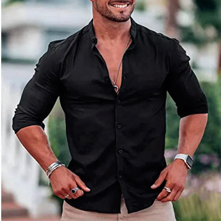 Men's Slim Fit Micro-elastic Long Sleeve Comfortable Versatile Stand Collar Tops Men Dress Shirt