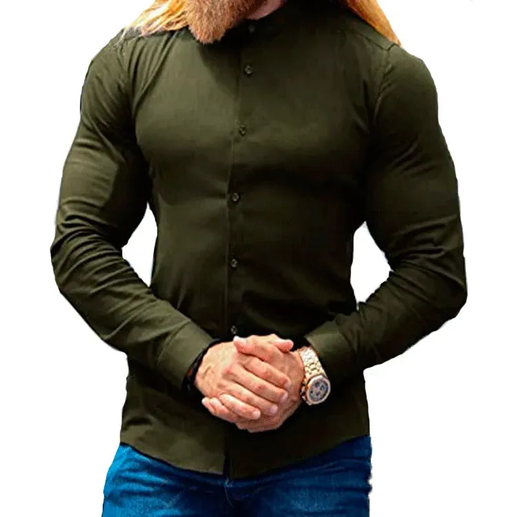 Men's Slim Fit Micro-elastic Long Sleeve Comfortable Versatile Stand Collar Tops Men Dress Shirt