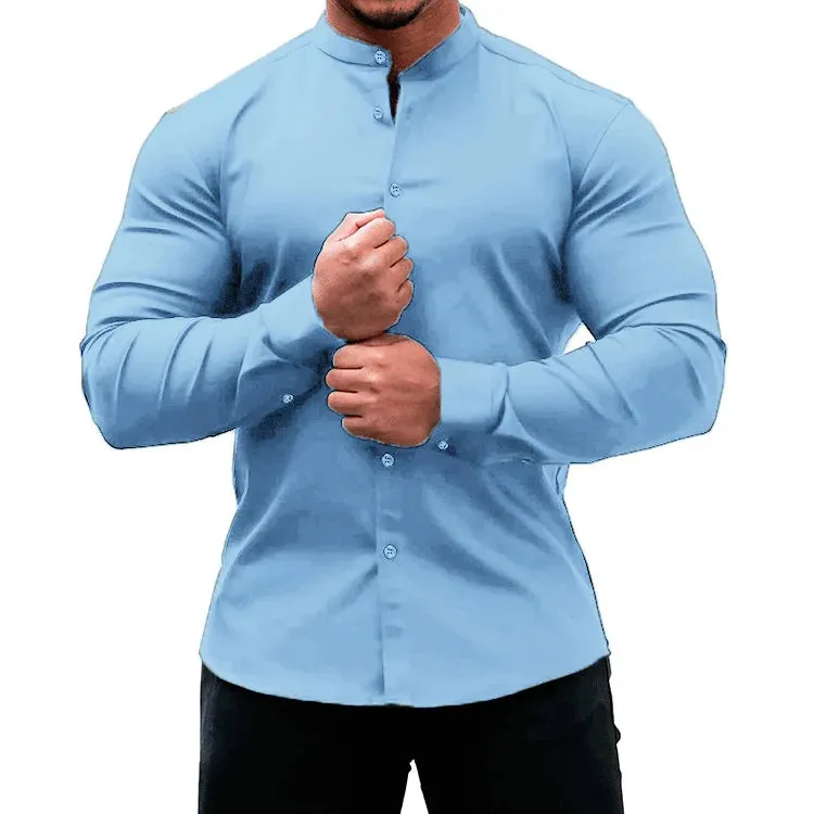 Men's Slim Fit Micro-elastic Long Sleeve Comfortable Versatile Stand Collar Tops Men Dress Shirt