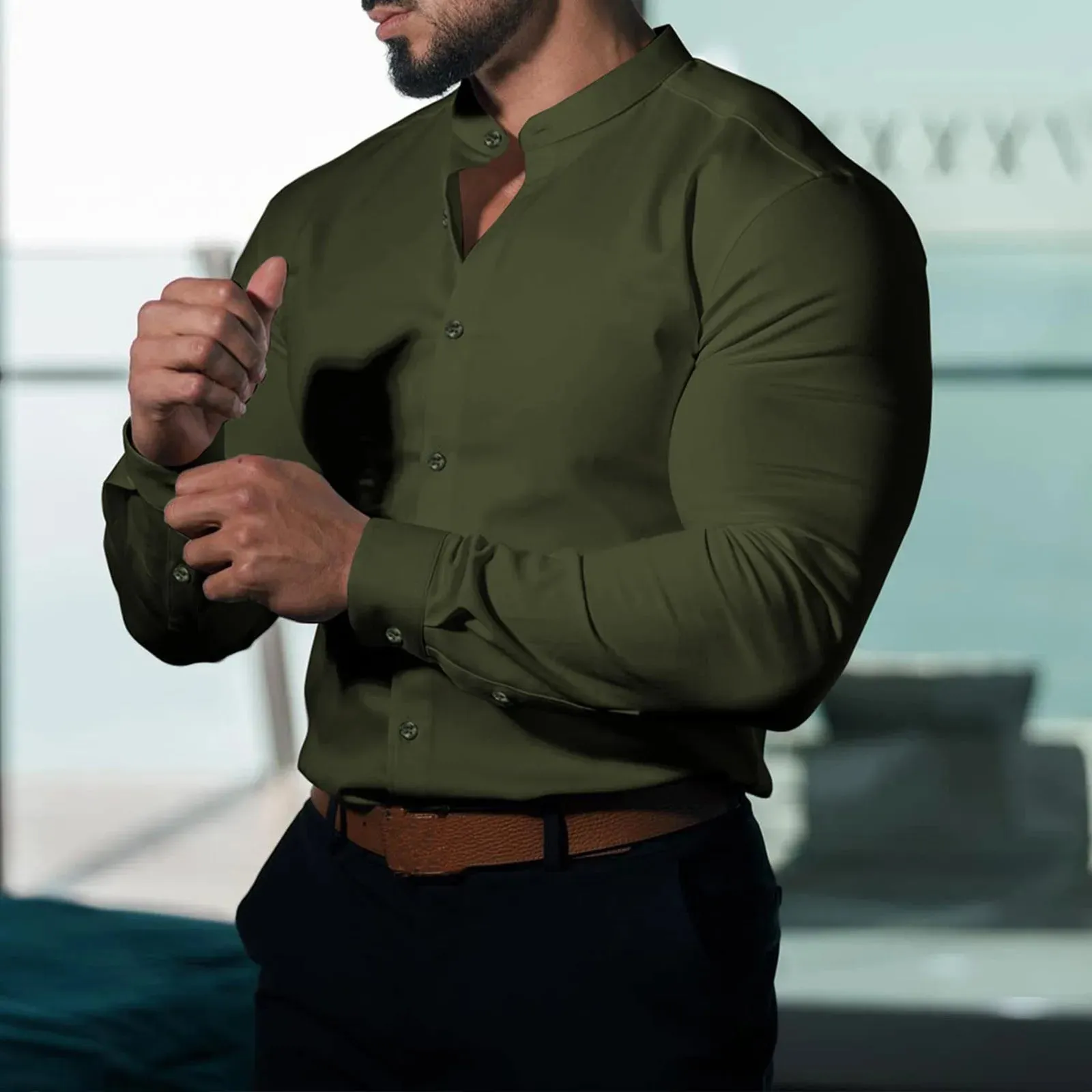 Men's Slim Fit Micro-elastic Long Sleeve Comfortable Versatile Stand Collar Tops Men Dress Shirt