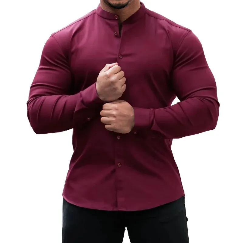 Men's Slim Fit Micro-elastic Long Sleeve Comfortable Versatile Stand Collar Tops Men Dress Shirt